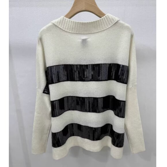 Anthropologie Maeve Cashmere Sequin Sweater XS/S/L Ivory Black Stripe Causal - Picture 6 of 9